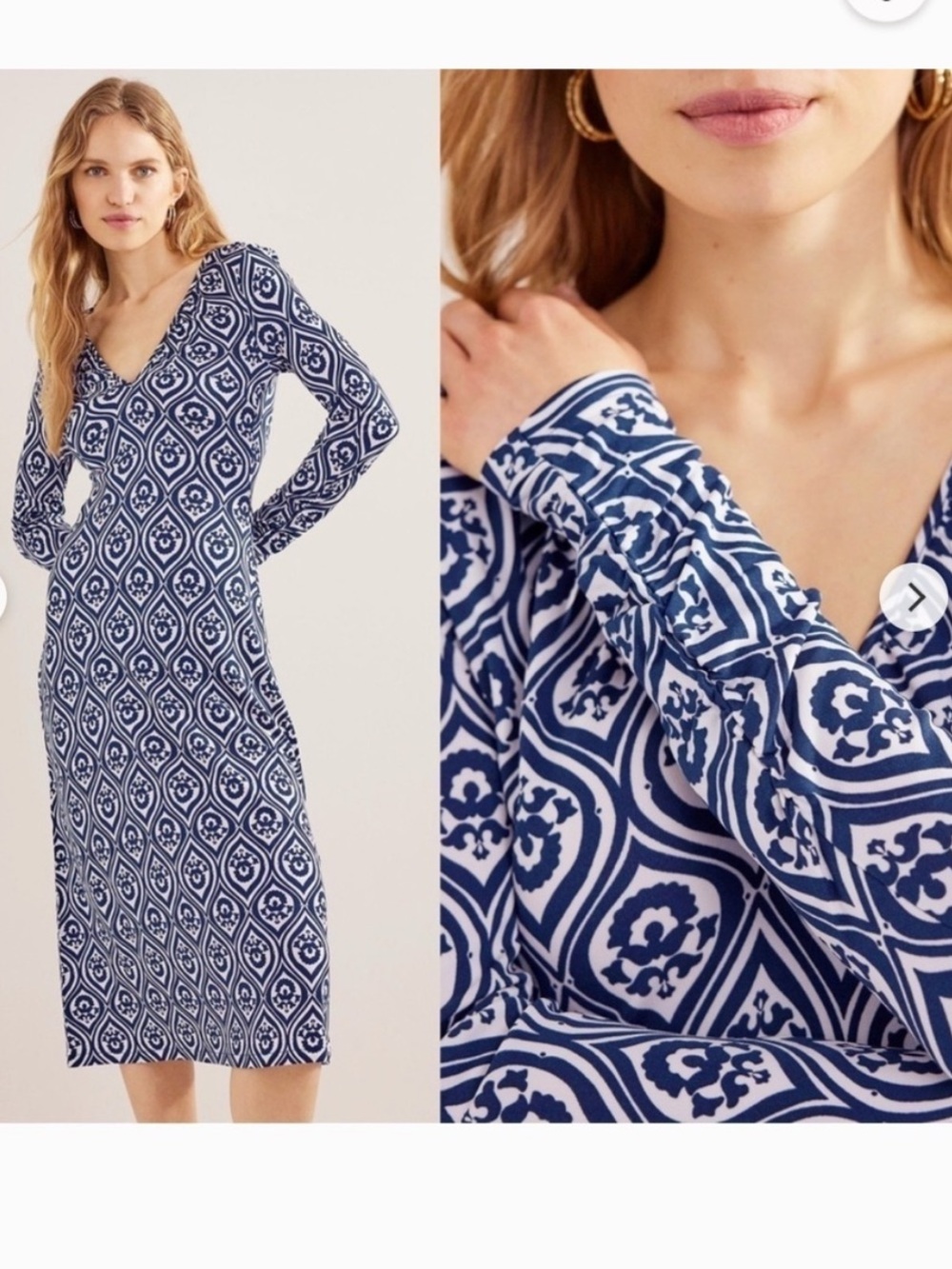 Boden Arabella Long Sleeve Midi Dress Jersey Damask Geo Print Blue White 12